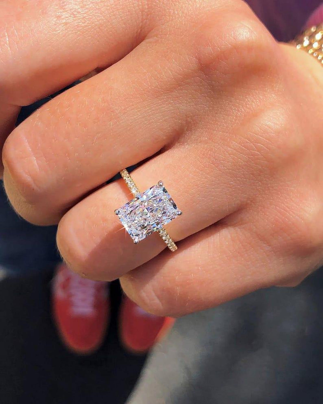 Radiant cut lab grown diamond hidden halo engagement ring with pave band