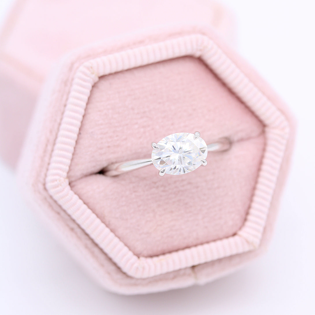 East west oval lab grown diamond claw solitaire engagement ring