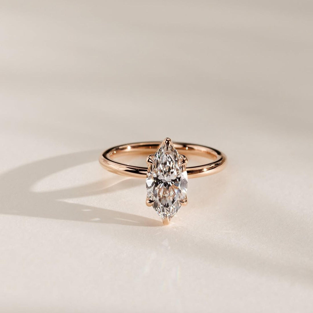 Close up of E color VVS2 marquise cut lab grown diamond centre stone