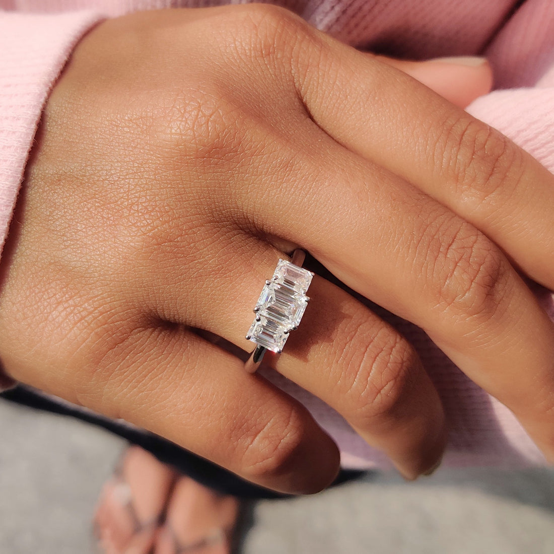 Emerald cut lab grown diamond three stone ring