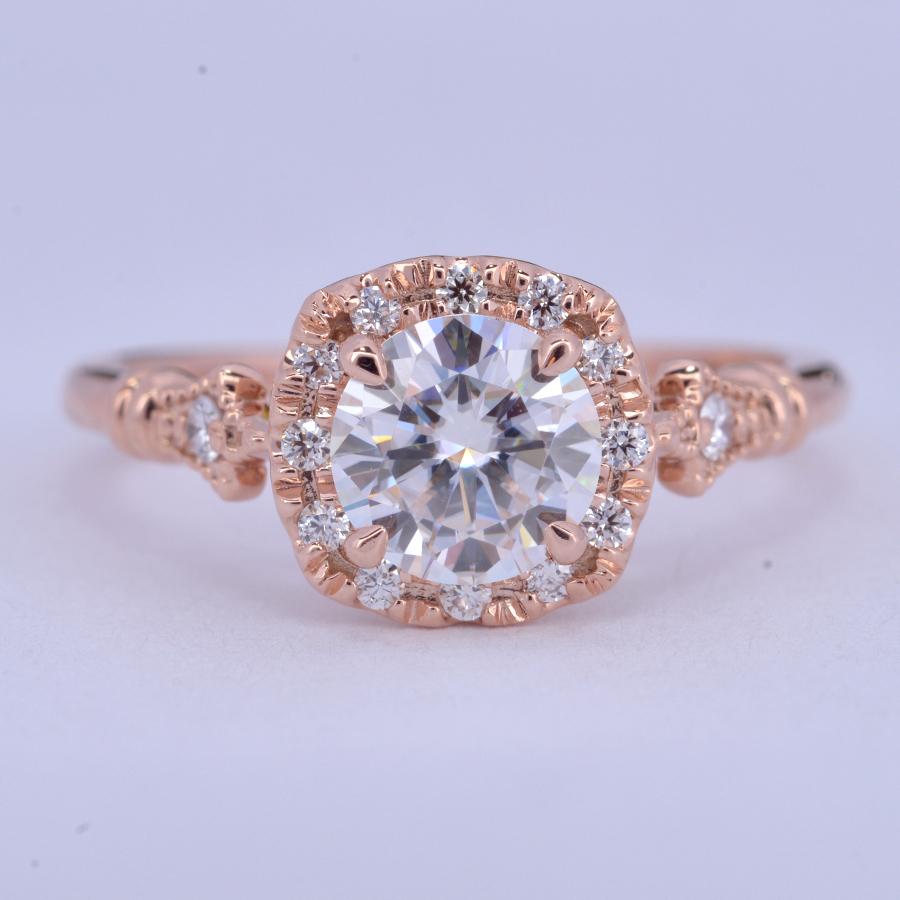 Round lab grown diamond milgrain halo pave engagement ring