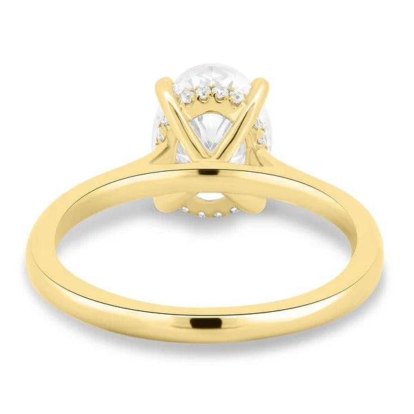 Oval cathedral diamond solitaire ring with hidden halo