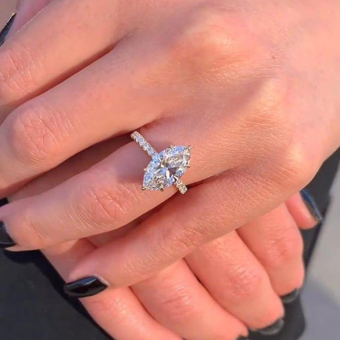 Marquise cut lab grown diamond classic prong ring with pave band