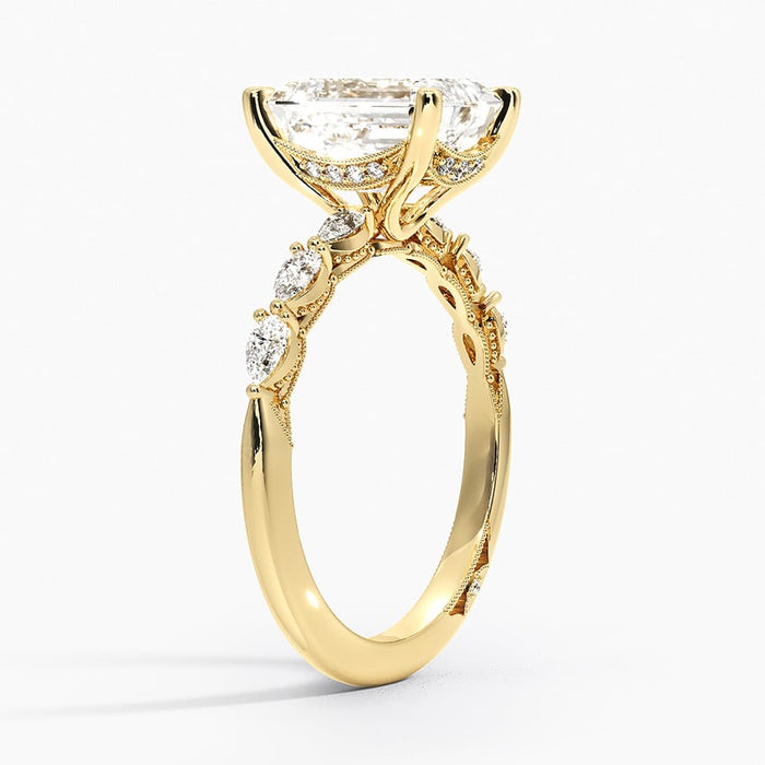 Profile view showing the hidden halo under the emerald cut stone