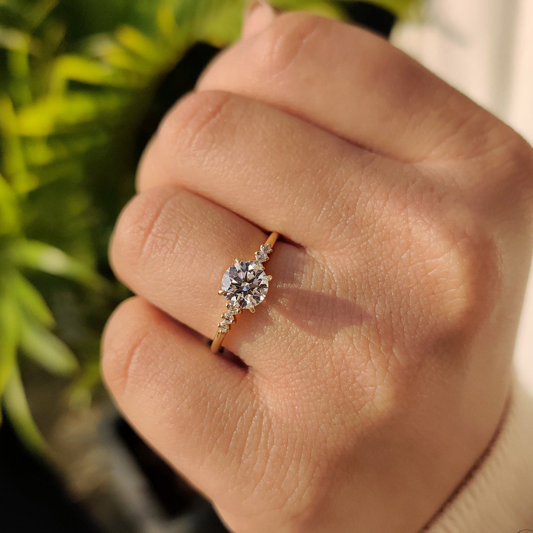 Round lab grown diamond ring with side accents