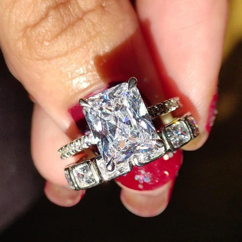 Top view of the radiant bridal set with full bezel eternity band
