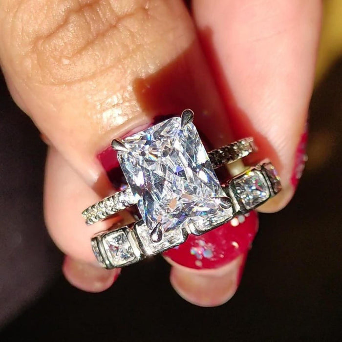 Top view of the radiant bridal set with full bezel eternity band