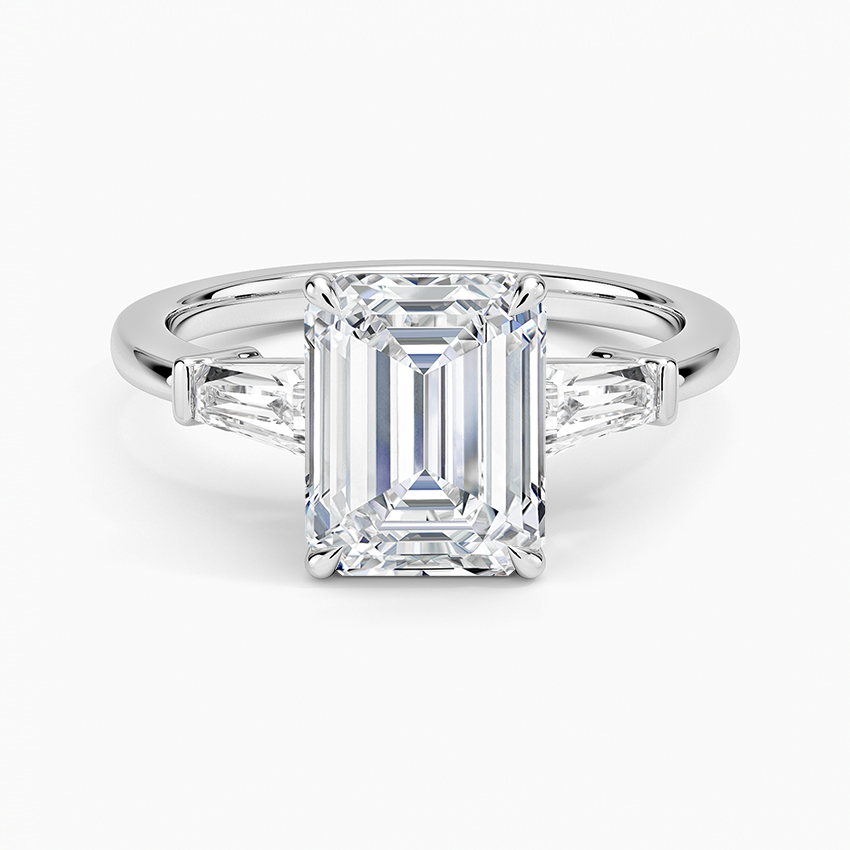 Emerald cut lab grown diamond ring in white gold with tapered baguette side stones, top view