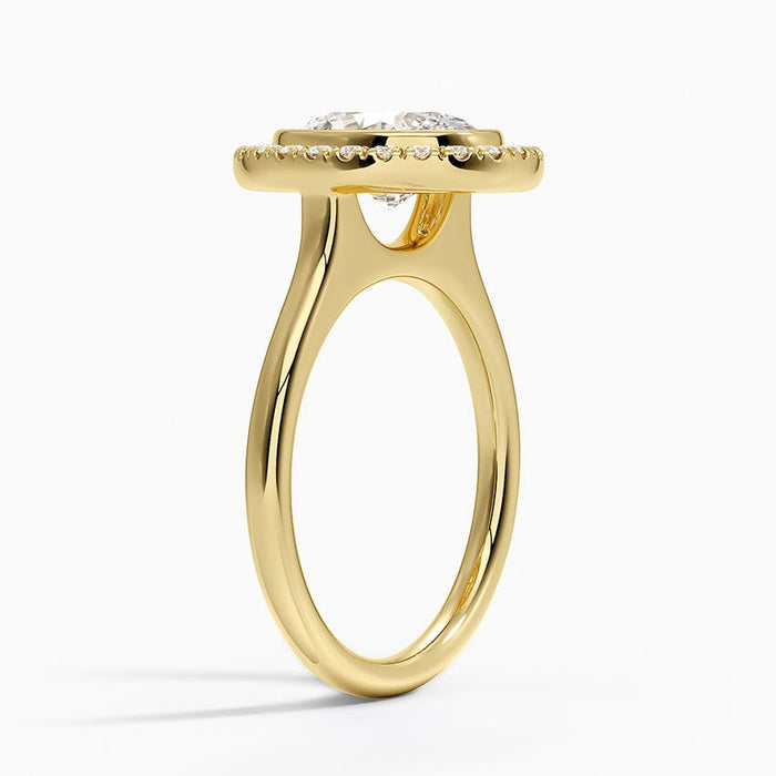 Profile view showing the halo set around the outside of the bezel with a polished rim between