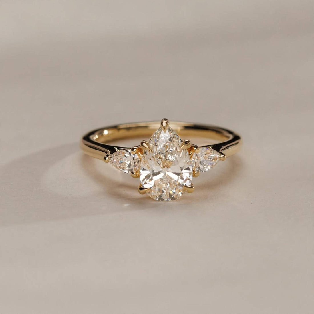 Close up of E color VVS2 pear cut lab grown diamond centre stone
