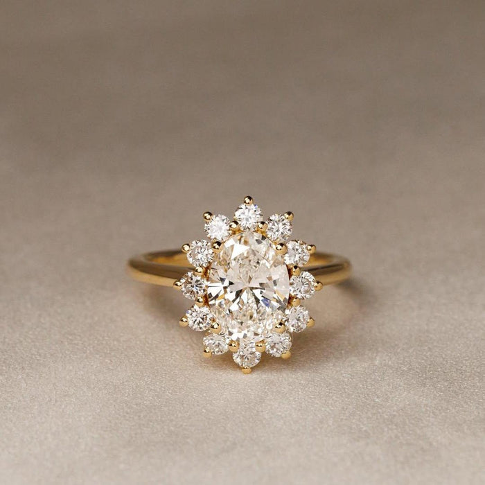 Sunburst halo oval lab grown diamond anniversary ring detail
