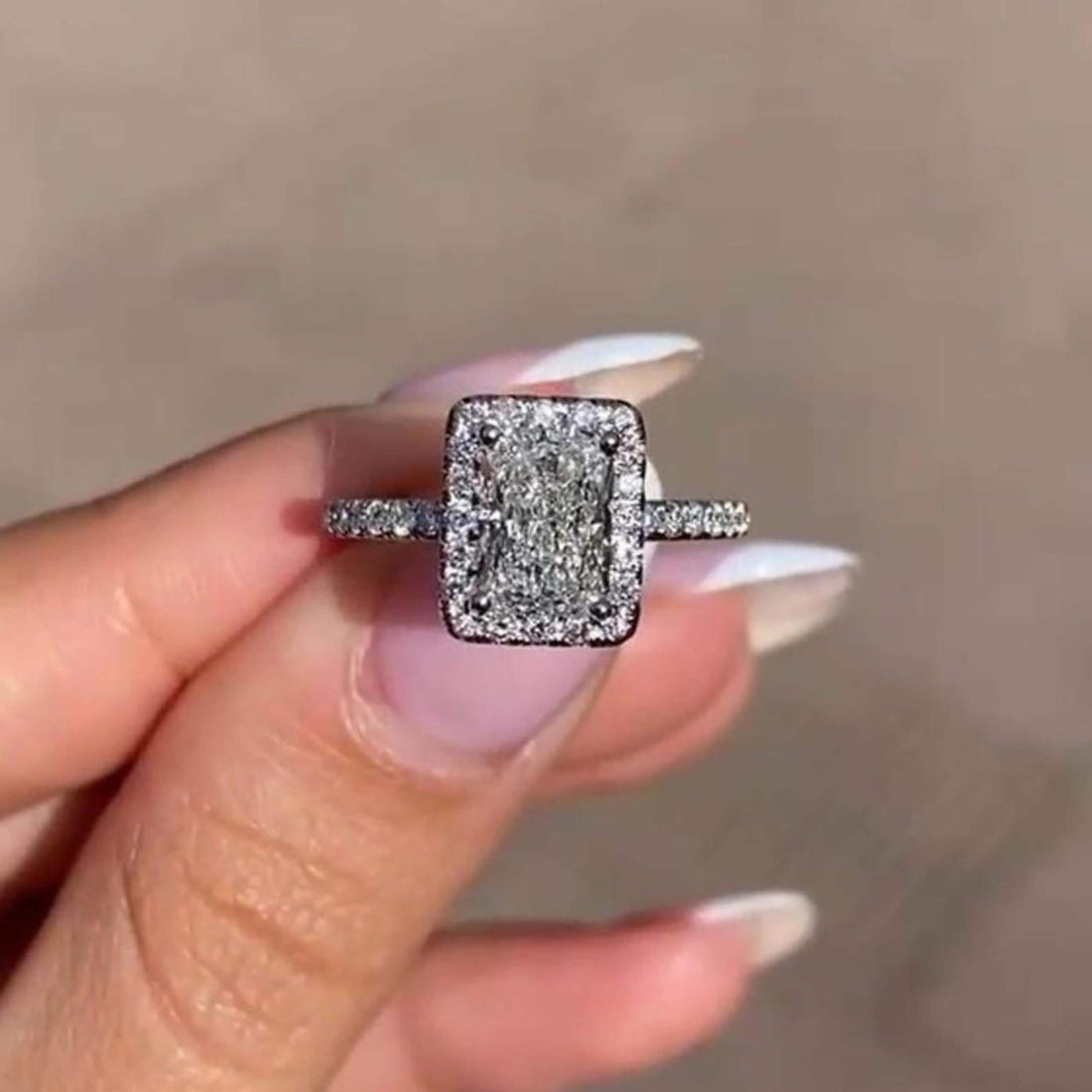 Radiant cut lab grown diamond hidden halo ring in white gold