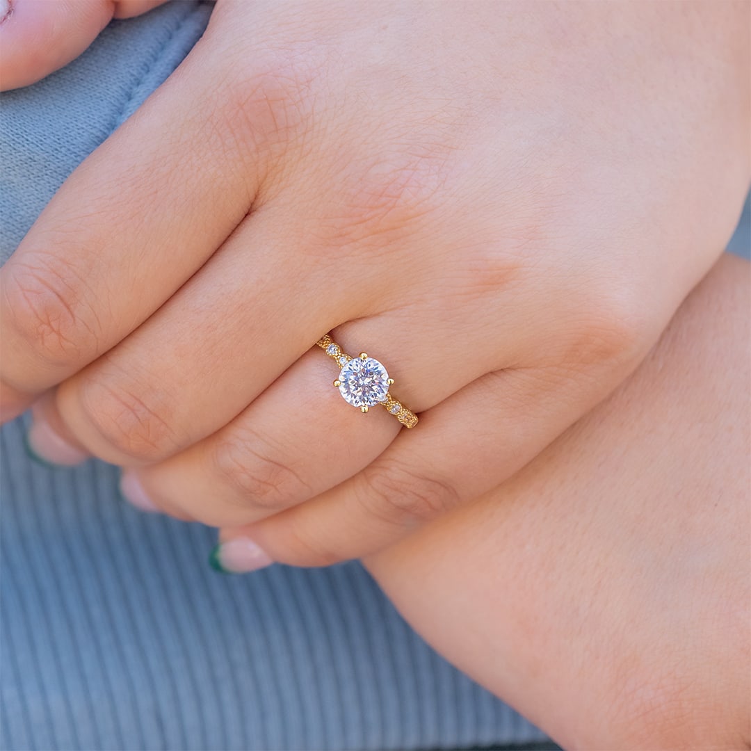 Round lab grown diamond micro pave engagement ring