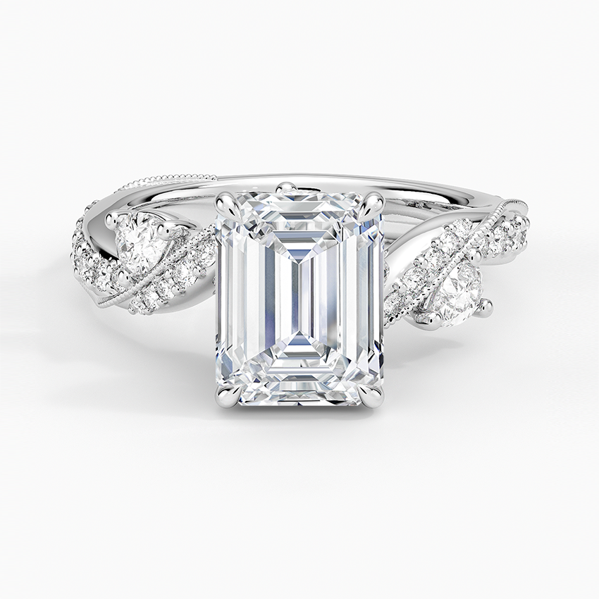 Emerald cut lab grown diamond ring in white gold with round accent buds on a pave vine band, top view