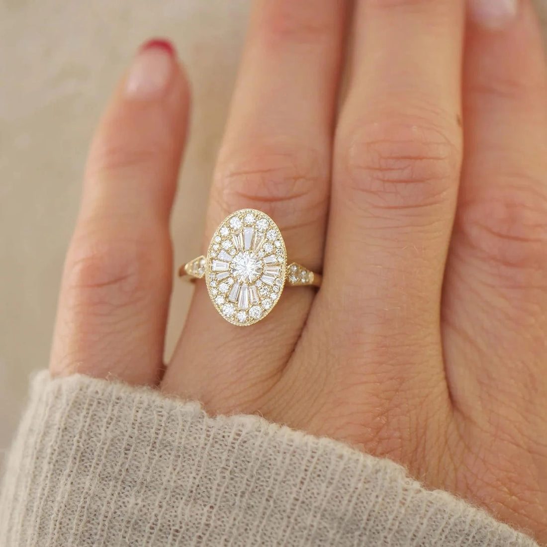 Art Deco round cut lab grown diamond sunburst plaque engagement ring in yellow gold