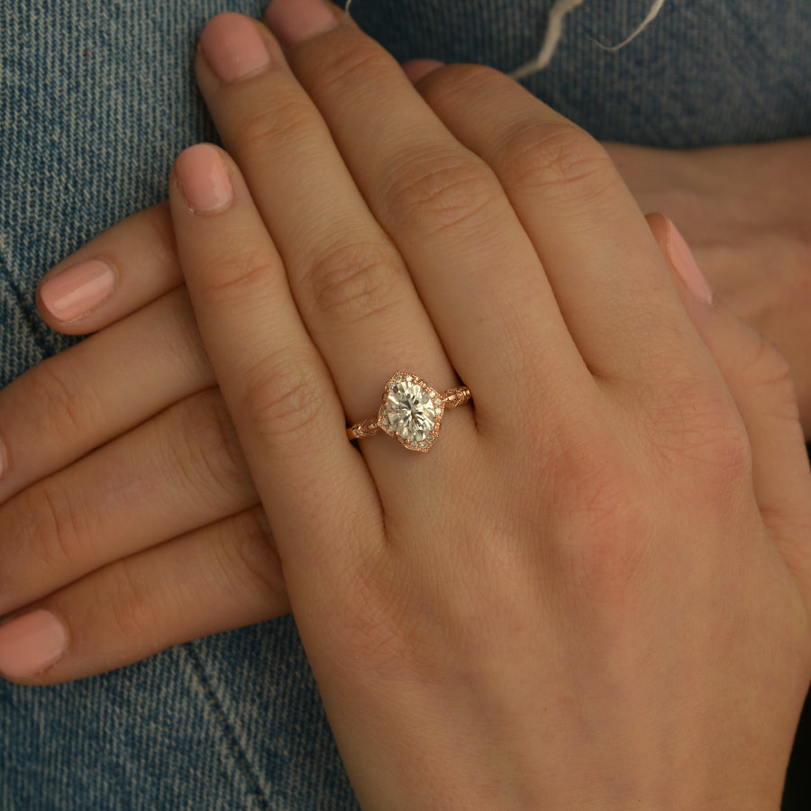 Oval lab grown diamond vintage halo stacking engagement ring