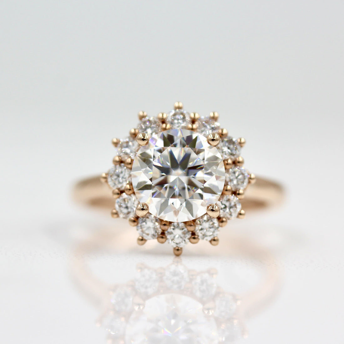 Round lab grown diamond sunburst cluster halo engagement ring