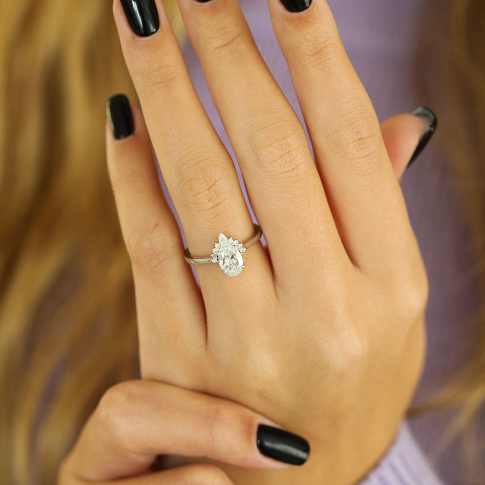 Oval lab grown diamond petite pear cluster engagement ring
