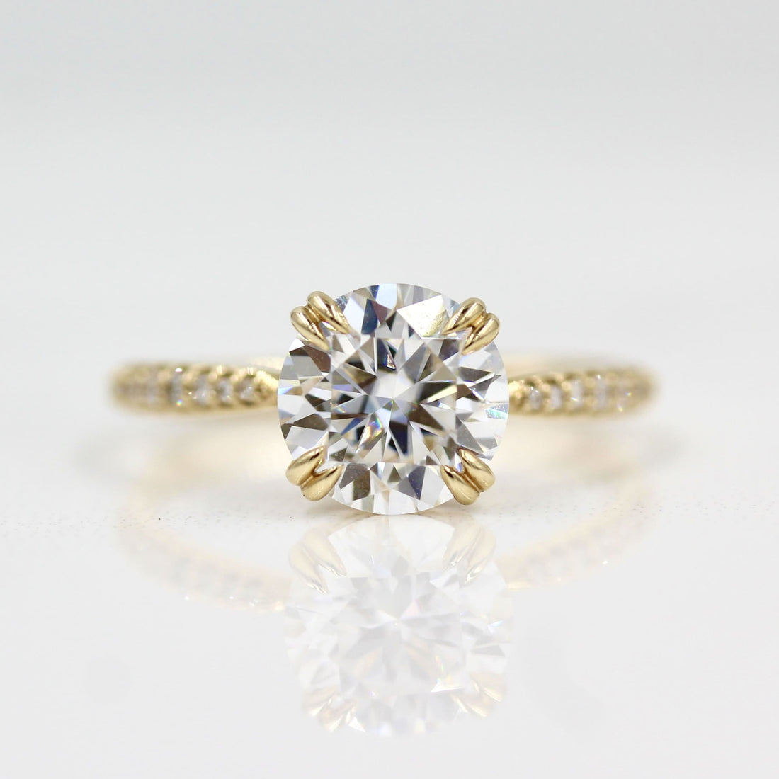 Round lab grown diamond double claw pave engagement ring