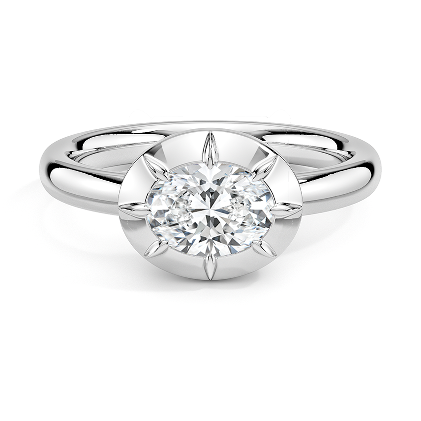 East west oval cut lab grown diamond ring in a domed disc with star point claws in white gold, top view