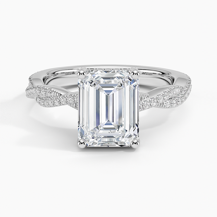 Emerald cut lab grown diamond ring in white gold on a roped pave twist band, top view