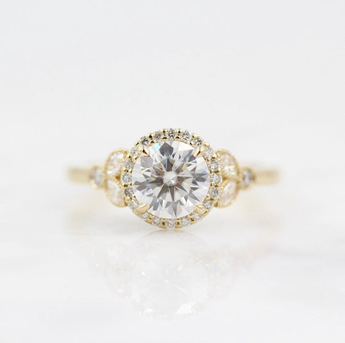 Round lab grown diamond vintage leaf halo engagement ring