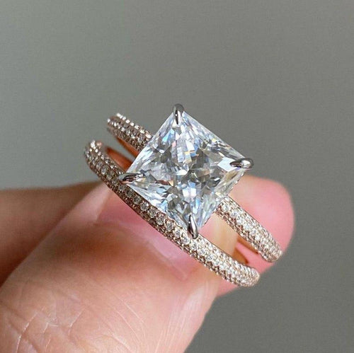Princess cut lab grown diamond bridal ring set with hidden halo in rose gold