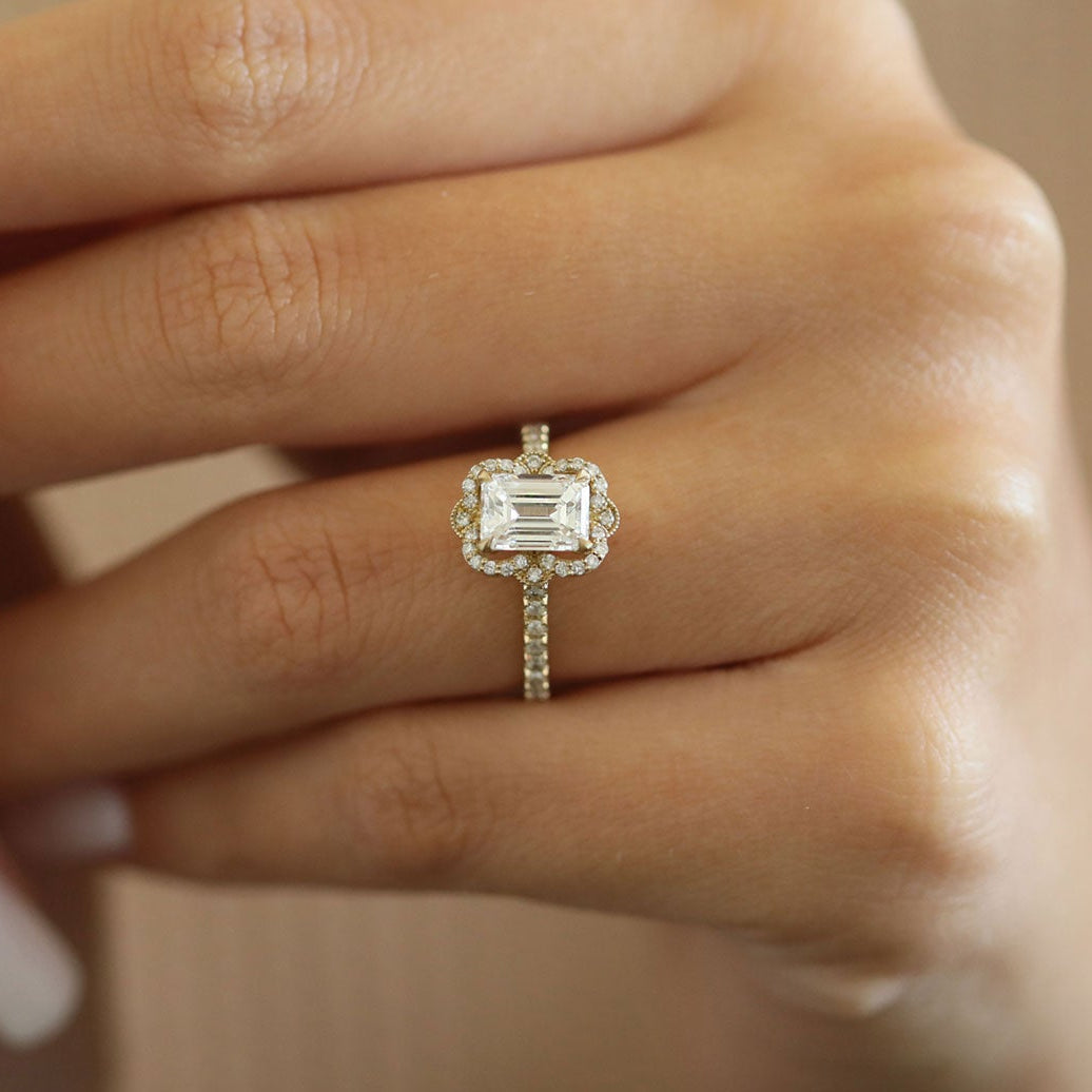 Emerald cut lab grown diamond vintage halo pave ring