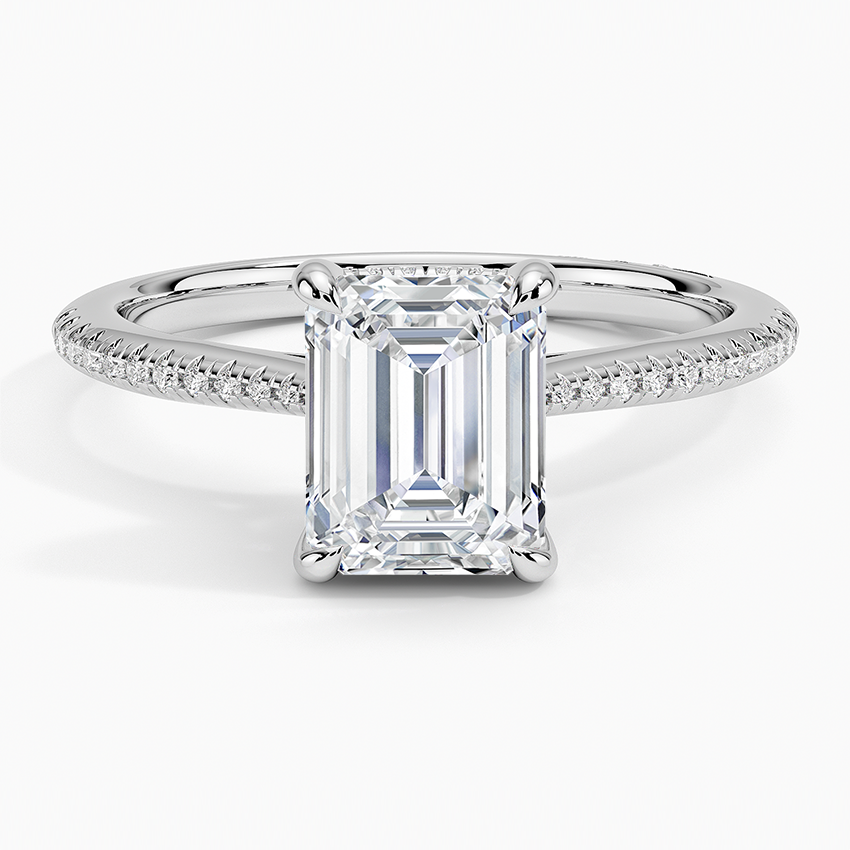 Emerald cut lab grown diamond ring with whisper thin micro pave band in white gold, top view