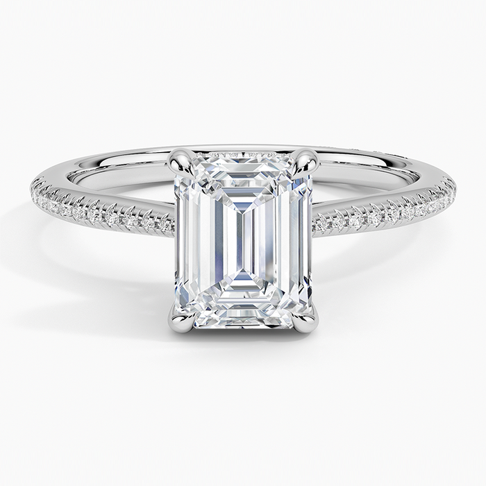 Emerald cut lab grown diamond ring with whisper thin micro pave band in white gold, top view