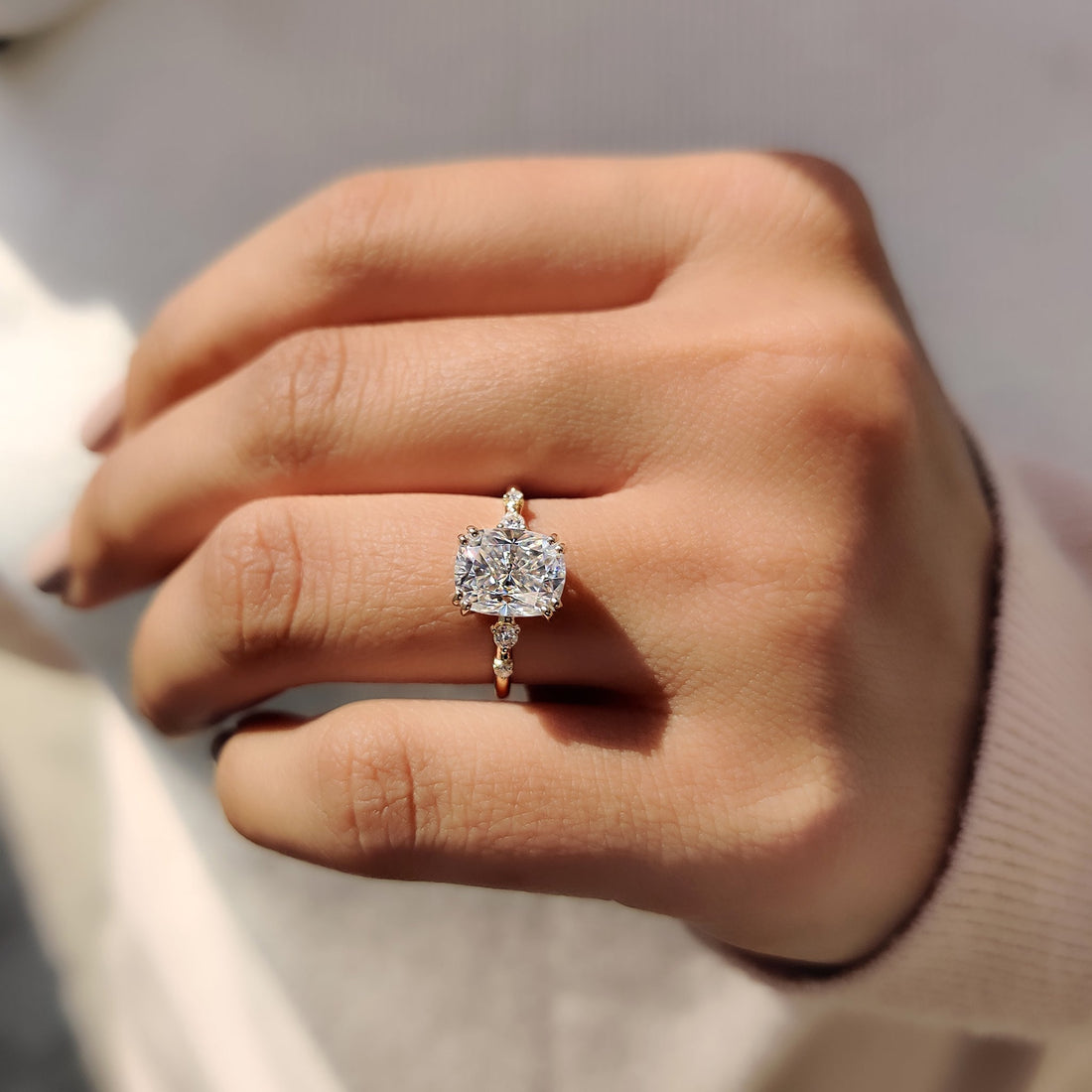 Elongated cushion cut lab grown diamond pave ring