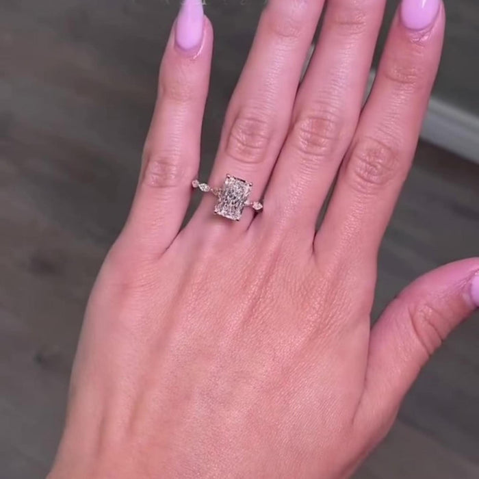 Radiant cut lab grown diamond ring angled view