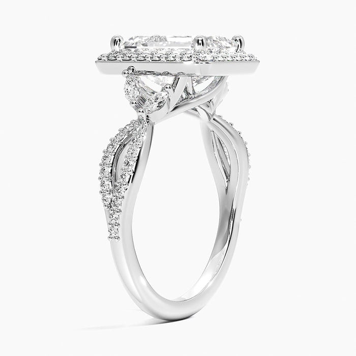 Profile view showing the halo frame and the twisted pave strands