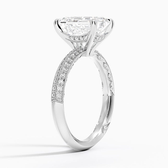 Side profile showing the three pave rows, milgrain edging and scalloped diamond set gallery