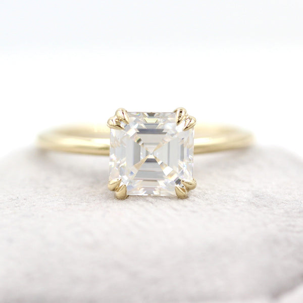 Asscher Cut Lab Grown Diamond Double Claw Solitaire Engagement Ring in Silver, 10K, 14K and 18K Gold