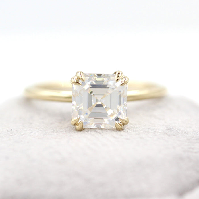 Asscher cut lab grown diamond double claw solitaire engagement ring