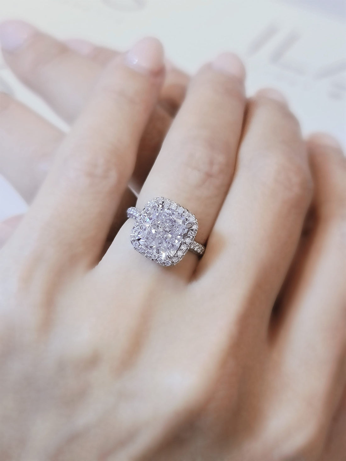Cushion cut lab grown diamond halo pave engagement ring
