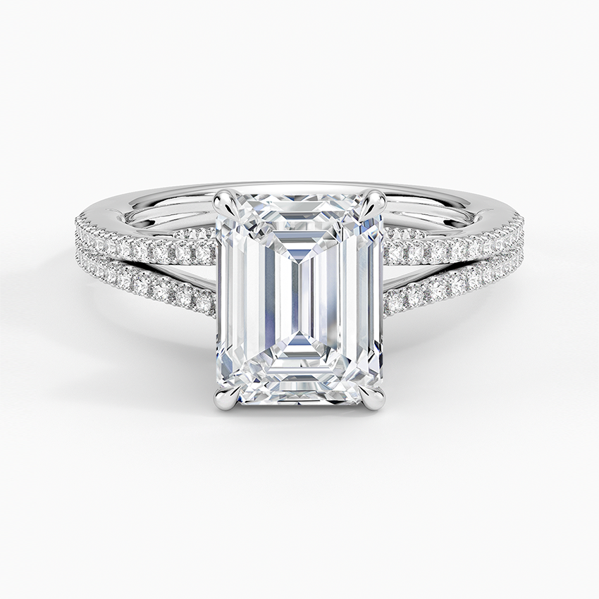 Emerald cut lab grown diamond ring in white gold with double row pave split shank, top view