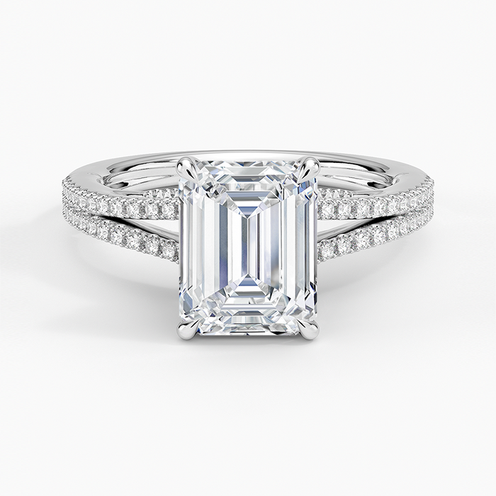 Emerald cut lab grown diamond ring in white gold with double row pave split shank, top view