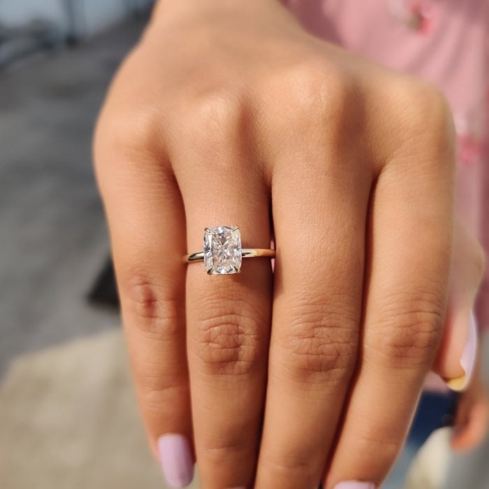 Cushion lab grown diamond solitaire worn on the hand