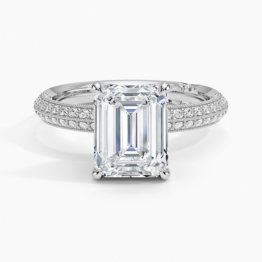 Emerald cut lab grown diamond ring with triple row milgrain pave shoulders in white gold, top view