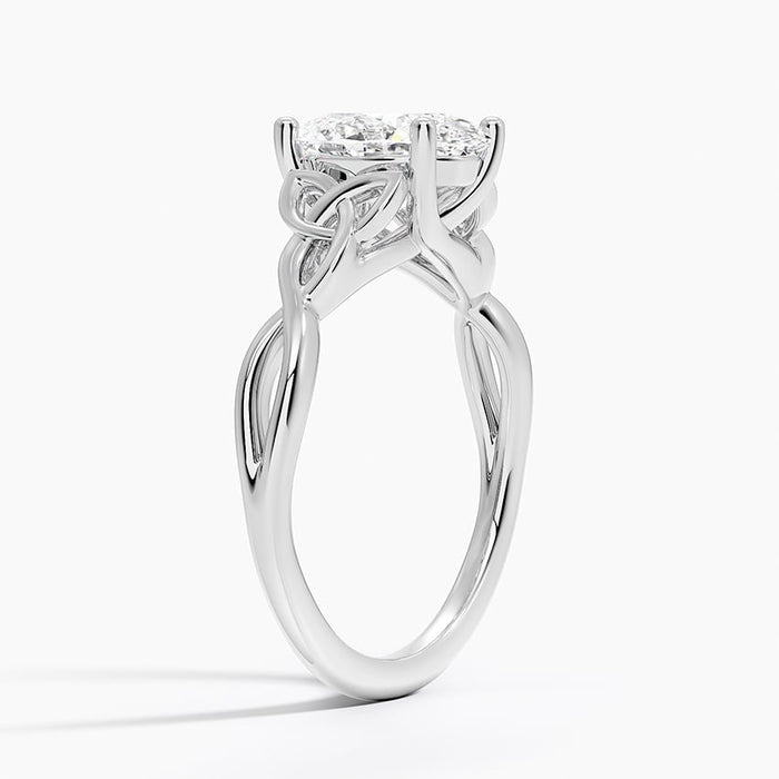 Oval cut lab grown diamond ring with Celtic knot woven shoulders in white gold, profile view