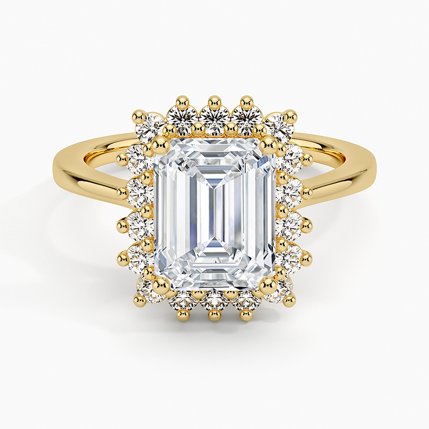 Emerald cut lab grown diamond ring in yellow gold with beaded prong sunburst halo, top view