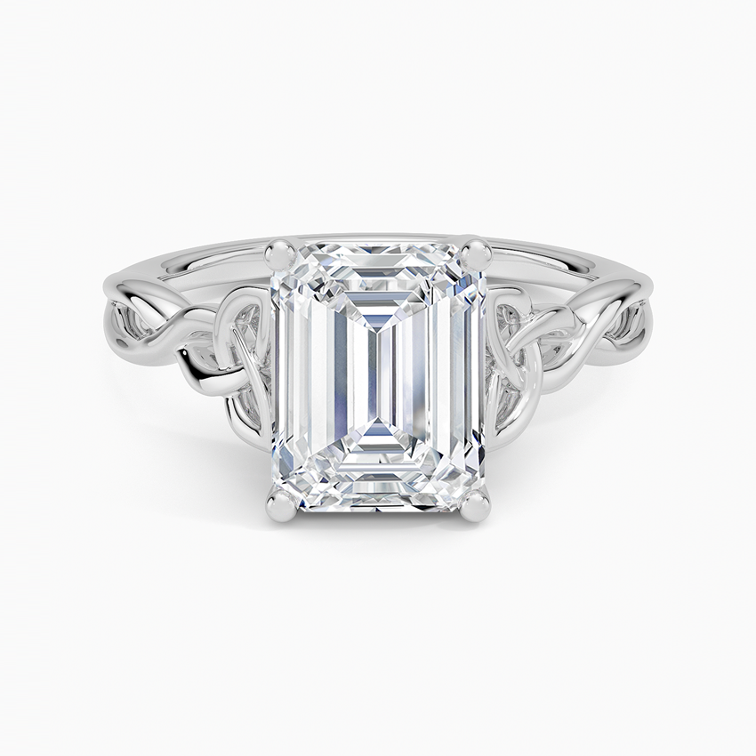 Emerald cut lab grown diamond ring in white gold with Celtic trinity knot shoulders and twisted band, top view