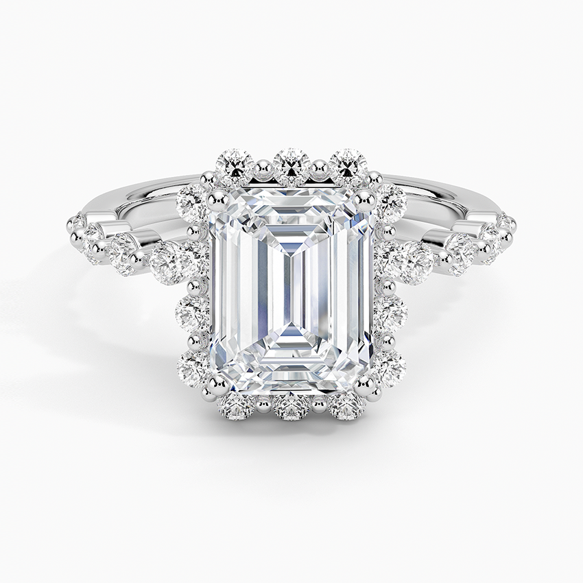 Emerald cut lab grown diamond ring with floating round diamond halo in white gold, top view