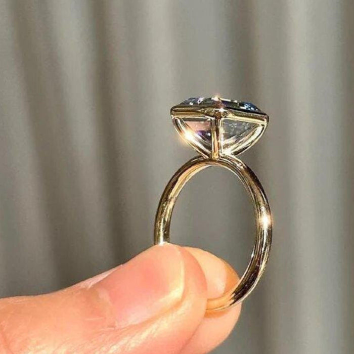 Blue Asscher cut lab grown diamond ring angled view