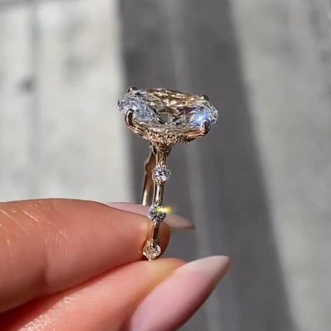 Oval cut lab grown diamond hidden halo ring further view