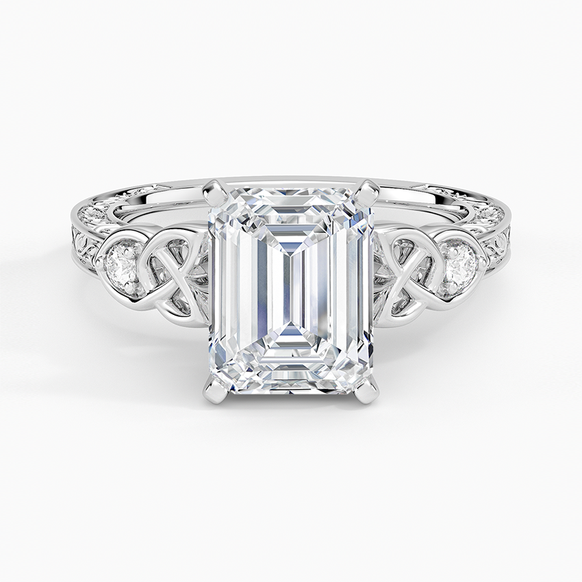 Emerald cut lab grown diamond ring in white gold with Celtic knot shoulders and round side diamonds, top view