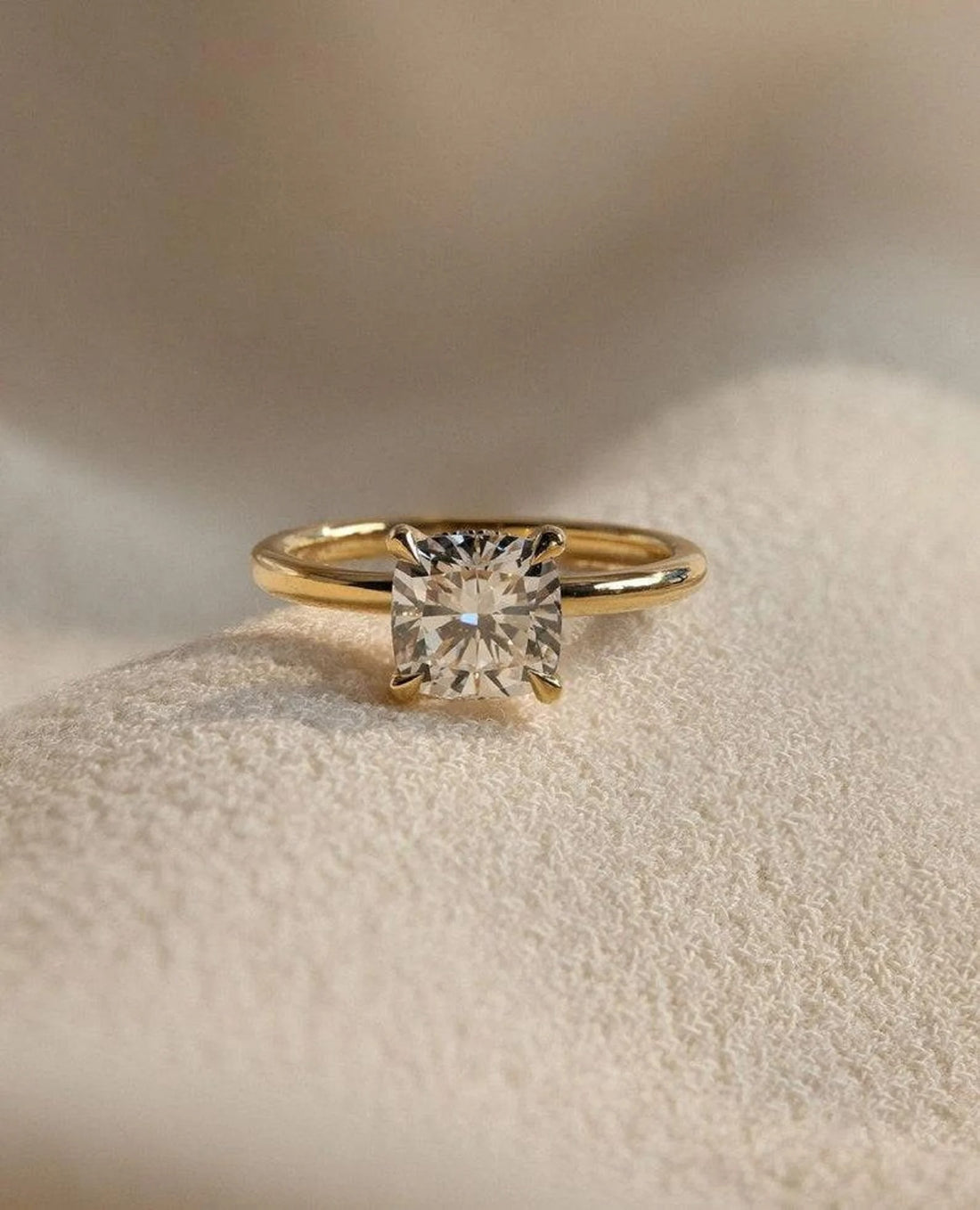 Square cushion cut lab grown diamond solitaire engagement ring in yellow gold