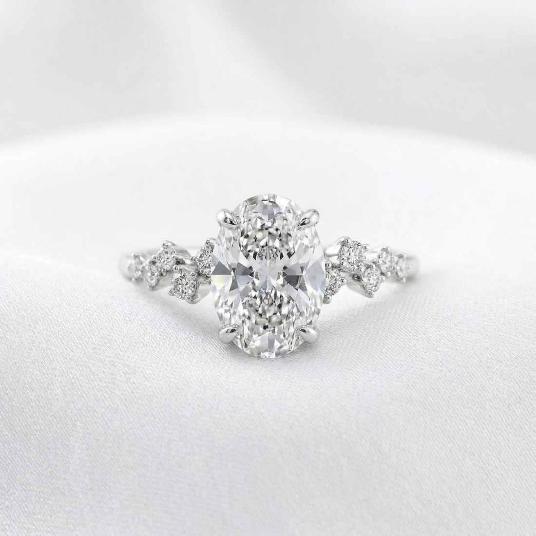 Oval lab grown diamond twig cluster engagement ring